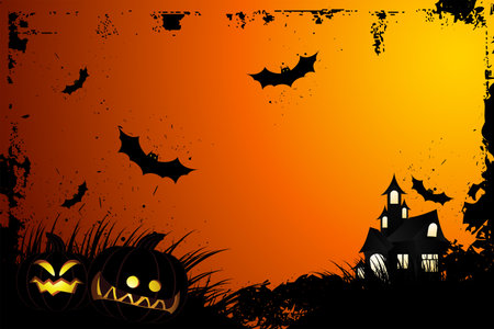 Halloween grunge background with grass bat and hunting houseのイラスト素材