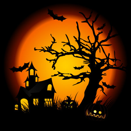 halloween night with pumpkin in grass tree bat and hunting house in backgroundのイラスト素材