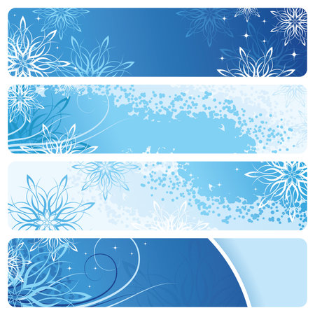 Blue winter banners with snowflakes and scrollsのイラスト素材