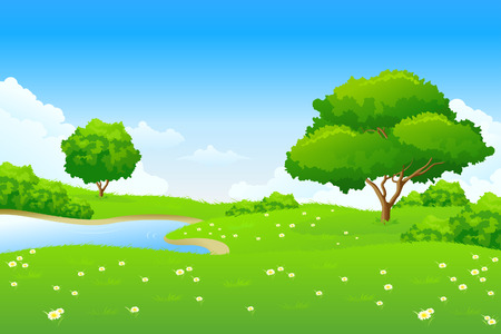 Green landscape with lake trees and cloudsのイラスト素材