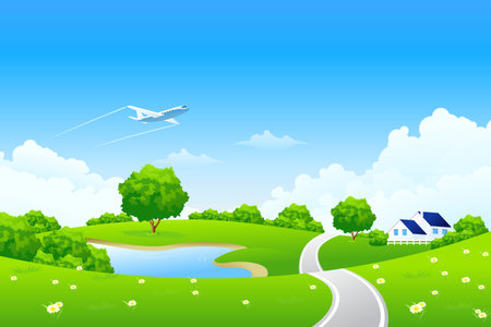 Green landscape with tree lake road house and cloudsのイラスト素材