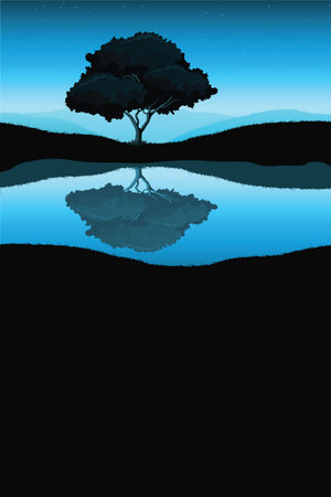Nature landscape with tree and stars for Your design. Vertical orientationのイラスト素材