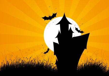 Halloween night background with house moon bat and grassのイラスト素材