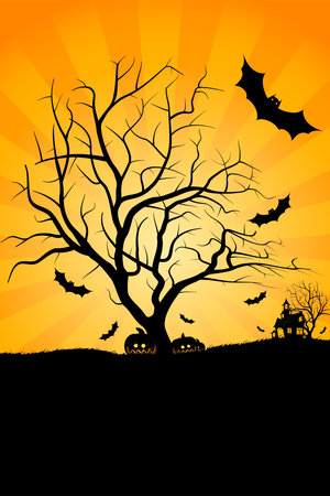 Halloween night background with tree pumpkin bat and houseのイラスト素材