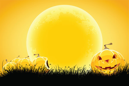 Halloween black and orange background with grass moon and pumpkinのイラスト素材