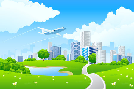 Green City Landscape with road lake and flowersのイラスト素材