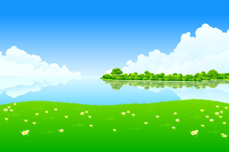 Fresh Landscape with clouds trees and lakeのイラスト素材