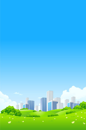 Green landscape with flowers city and cloudsのイラスト素材