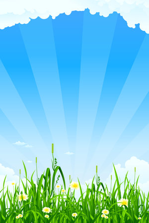 Green background with grass rays clouds and flowersのイラスト素材