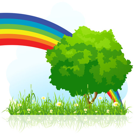 Isolated green tree background with flowers rainbow and grassのイラスト素材