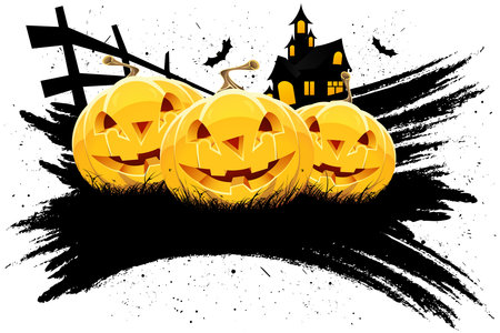 Grungy Halloween background with pumpkins  bats and house isolated on whiteのイラスト素材