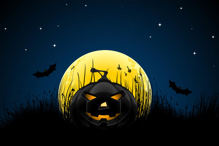 Halloween night background with pumpkin bats stars and moonのイラスト素材