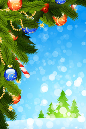 Christmas Card with fir-tree sparkles and decoration for your designのイラスト素材