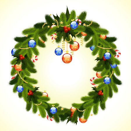 Christmas Wreath with fir-tree mistletoe and decoration for your designのイラスト素材