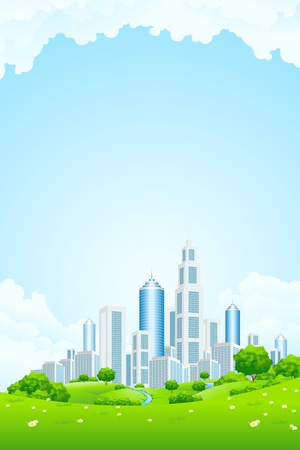City Landscape with Green Hills River Trees Flowers and Cloudsのイラスト素材