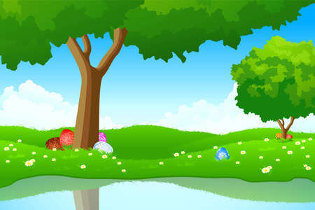 Green landscape with Easter eggs in the grassのイラスト素材