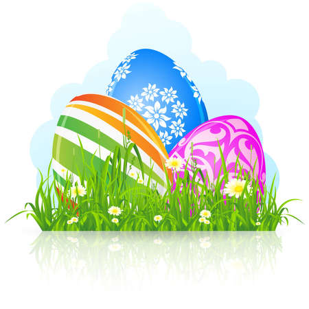 Three Easter eggs in the green grass isolated on white backgroundのイラスト素材