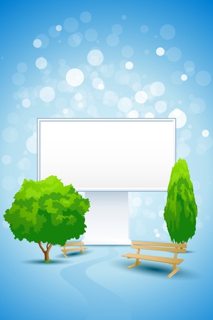 Blue Background with Empty Billboard Sparkle Trees and Benchesのイラスト素材