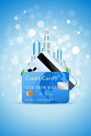 Blue Background with Sparkles City and Credit Cardsのイラスト素材