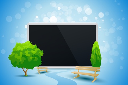 Blue Backgtound with Trees Benches road and Tablet Computerのイラスト素材