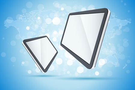 Abstract Background with World Map and Flying Tablet Computersのイラスト素材