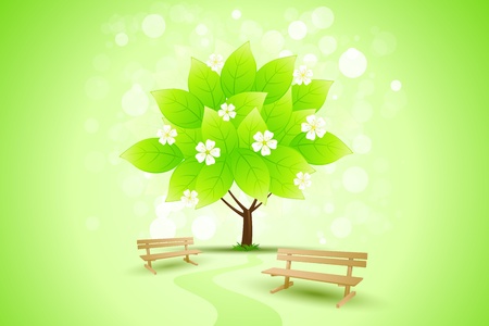 Abstract Green Tree Background with Flowers Benches and path for your designのイラスト素材