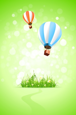 Green Background with Grass Path and Hot Air Balloonsのイラスト素材