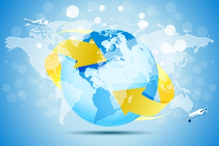 Blue Background with Planet Earth, World Map and Aircraftsのイラスト素材