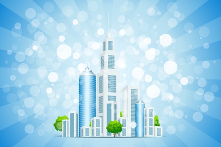 Blue Background with Business City, Sparkles and Raysのイラスト素材
