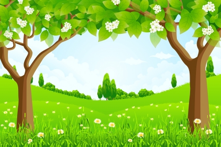 Green Background with Trees Flowers and Hills のイラスト素材