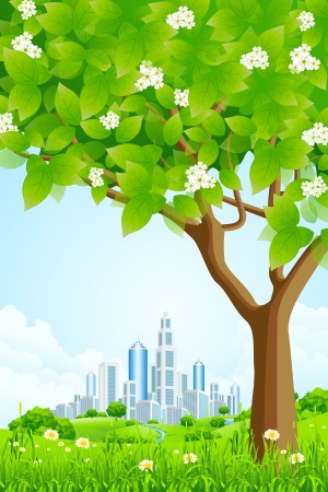 Green Background with Trees Flowers Hills and Cityのイラスト素材