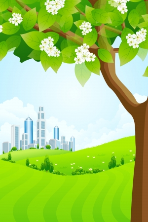 Green Background with Trees Flowers Hills and Cityのイラスト素材