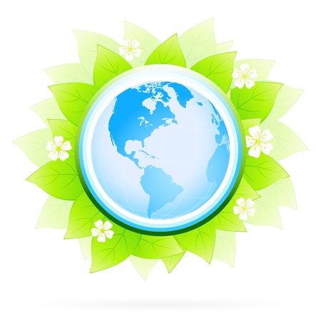 Green Icon with Leaves Flowers and Planet Earthのイラスト素材