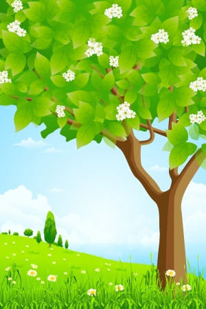 Green Background with Trees Flowers Clouds and Seaのイラスト素材