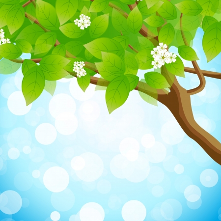 Tree Branch with Leaves and Flowers in the Skyのイラスト素材