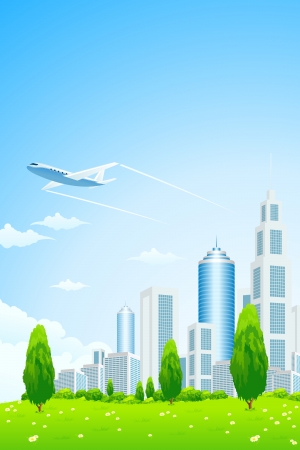 Business City with Aircraft and Green Grassのイラスト素材