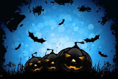 Grunge Halloween Party Background with Pumpkins Grass and Batsのイラスト素材