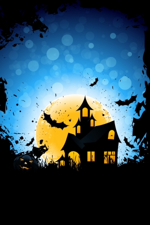 Grunge Background for Halloween Party with Pumpkin Haunted House and Batsのイラスト素材