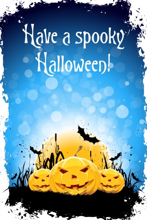Grungy Halloween Background with Pumpkins, Bats and Full Moonのイラスト素材