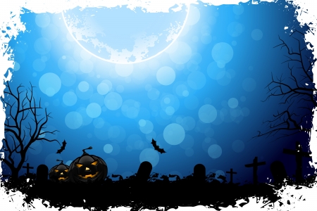 Grungy Halloween Background with Pumpkins, Bats and Full Moonのイラスト素材