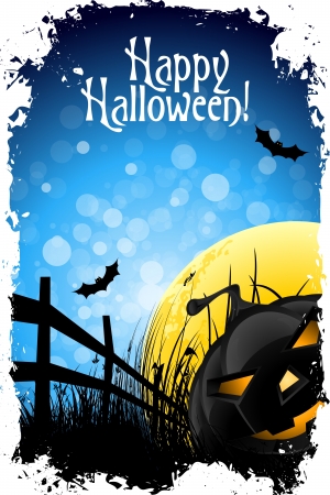 Grungy Halloween Background with Pumpkin, Bats, Grass and Full Moonのイラスト素材