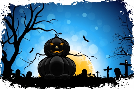 Grungy Halloween Background with Pumpkin, Tree, Grave, Cross and Full Moonのイラスト素材