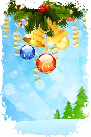 Grungy Christmas Card with Christmas Tree and Decorationのイラスト素材