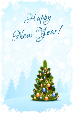 Grungy Happy New Year Card with Christmas Tree and Decorationsのイラスト素材