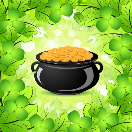 St. Patricks Day Cauldron with Gold Coins in Green leaves and Shamrocksのイラスト素材
