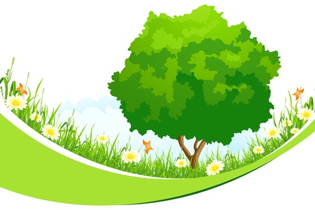 Green Landscape with  Tree, Grass, Flowers and Clouds isolated on white backgroundのイラスト素材