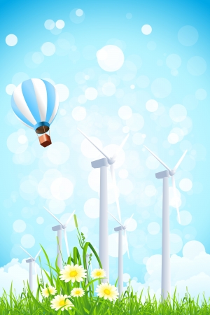 Abstract Background with Wind Power Plant, Grass, Flowers and Hot Air Balloonのイラスト素材