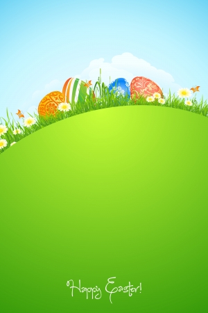 Beautiful Easter Background with Flowers Grass Clouds and Butterflyのイラスト素材