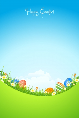 Easter Background with Flowers Grass Clouds and Butterflyのイラスト素材