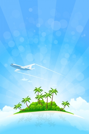 Tropical Island Background with Airplane and Cloudsのイラスト素材